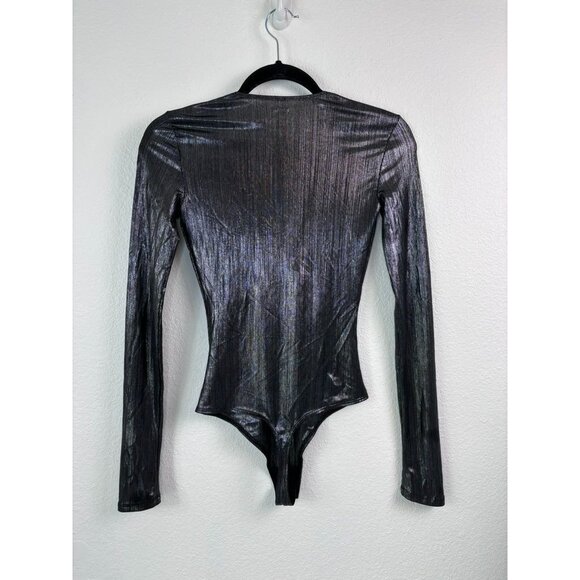 Alix NYC women's XS Irving Lamé Bodysuit sliver metallic plunge neck long sleeve - Picture 5 of 8